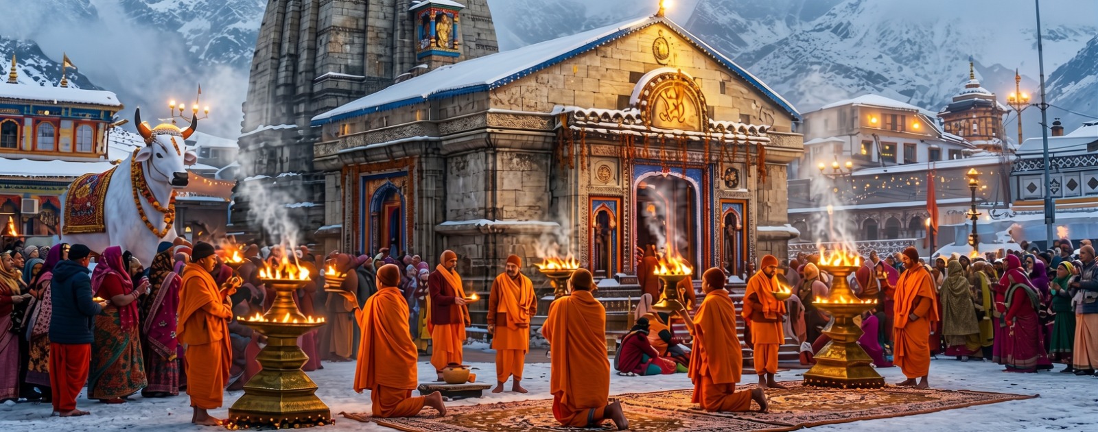 Saffron-robed priests offer aarti with great brass lamps before a snow-covered Himalayan temple
