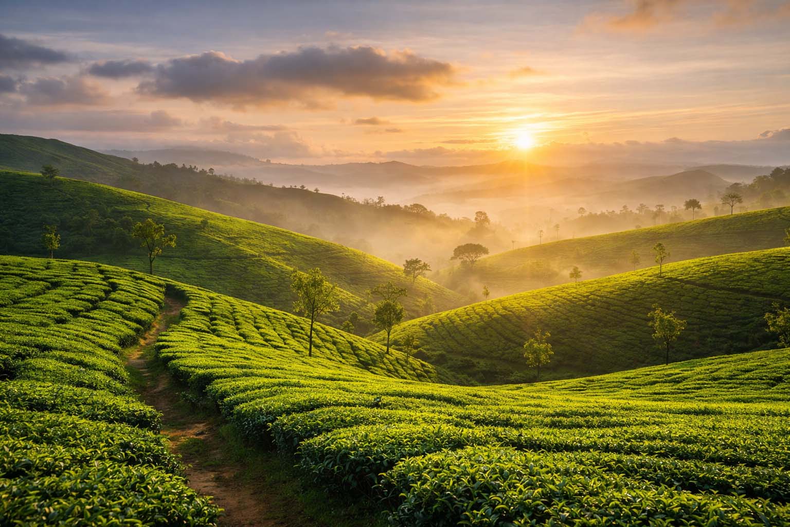 Green hills under a sunrise sky, mist in the valleys