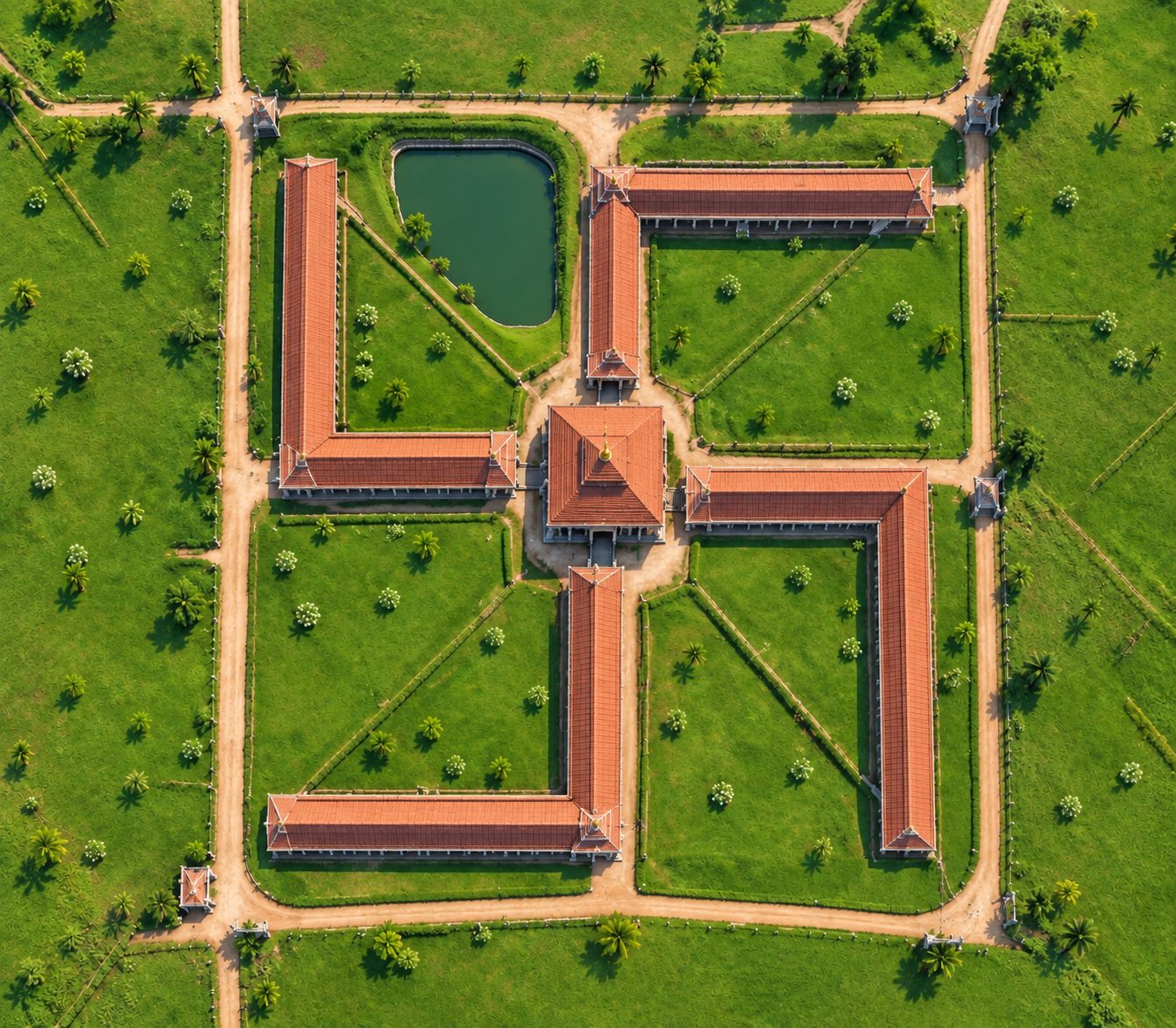 An aerial impression of the temple complex: tiled Kerala halls laid out around a central shrine, with a temple pond, among green fields