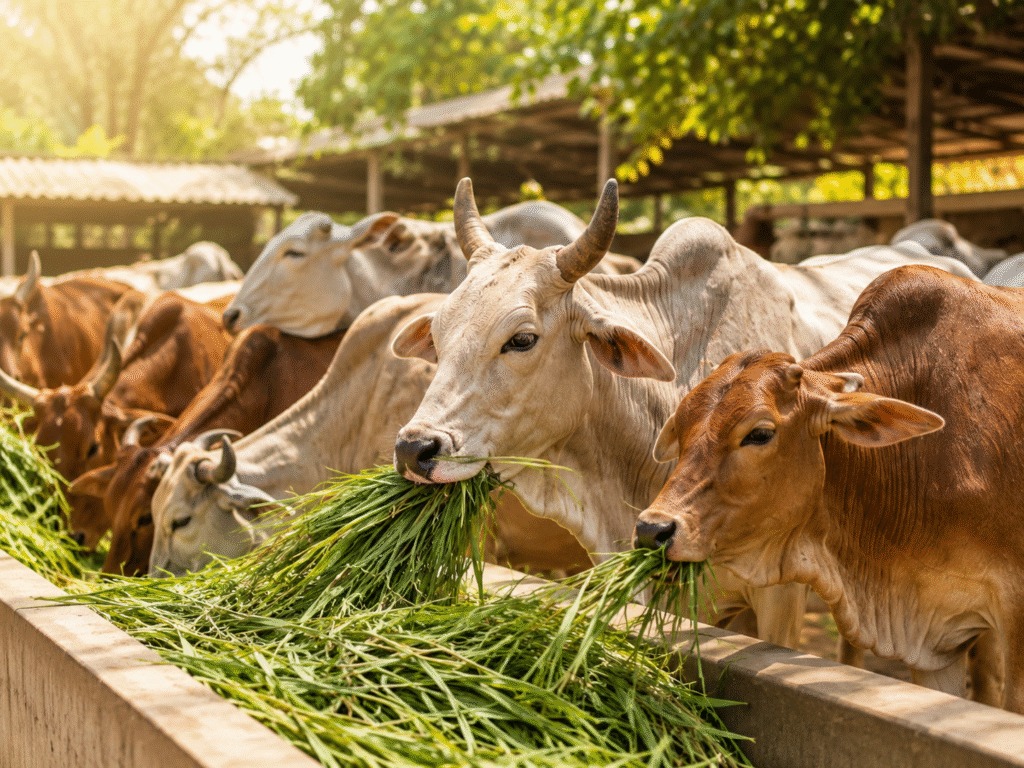 Indigenous cows feeding on fresh green fodder at a goshala trough